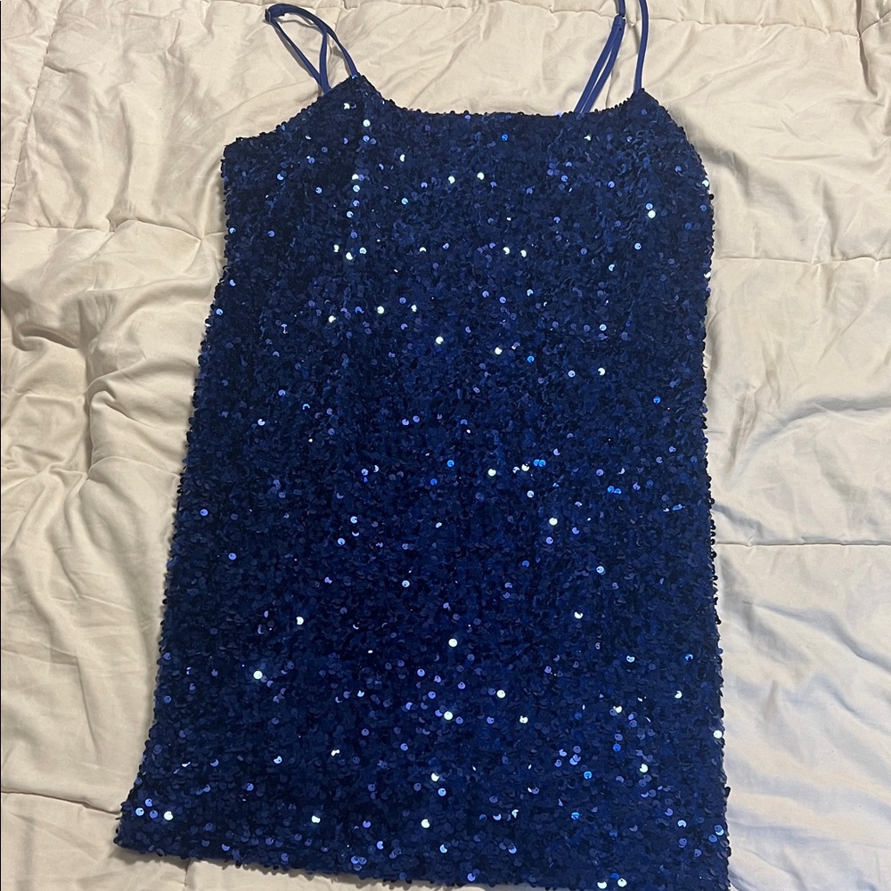 Blue Sequin Spaghetti Strap Dress